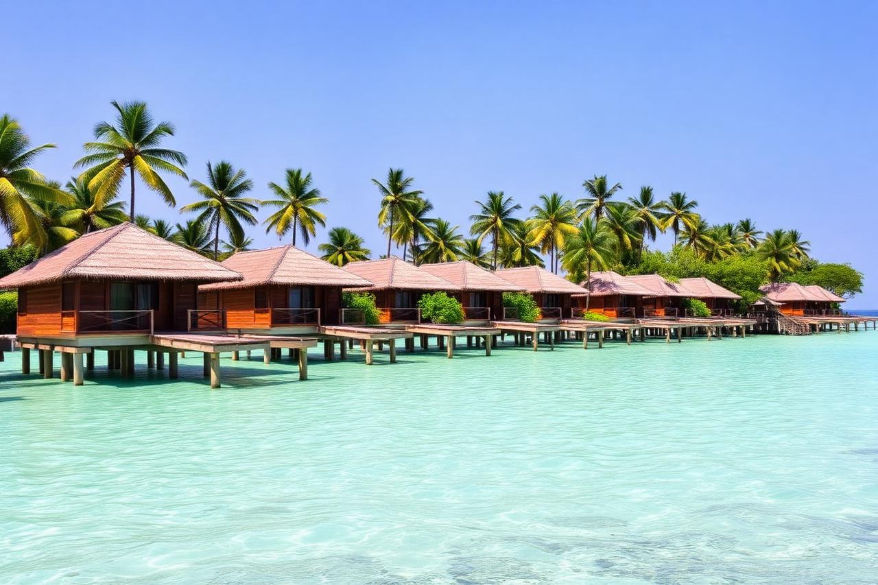 Tropical beach resort with overwater villas
