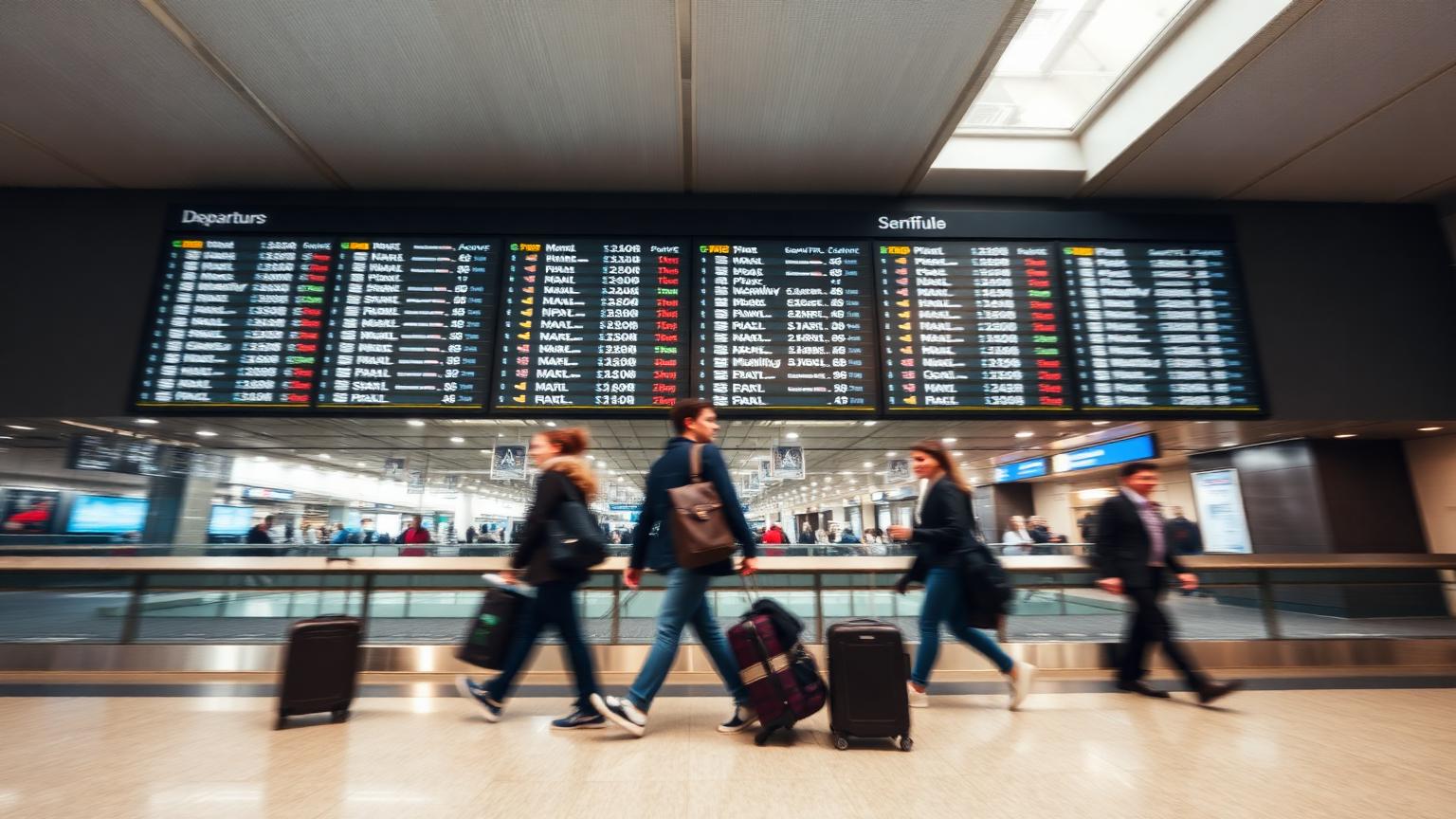 Travellers with luggage beneath an airport departure board