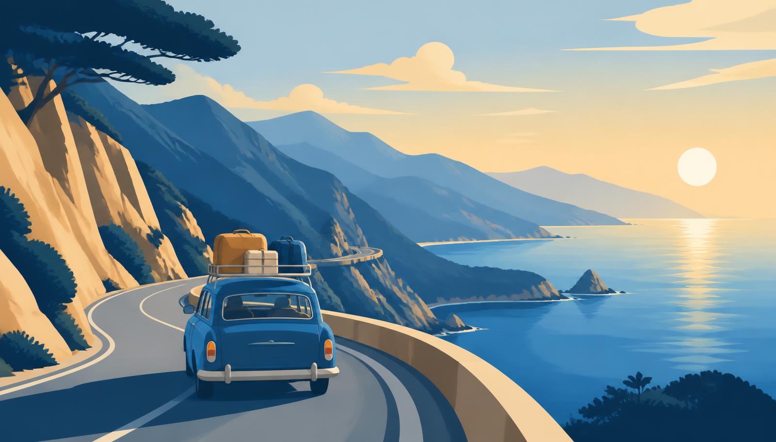 Illustration of a car driving a coastal mountain road