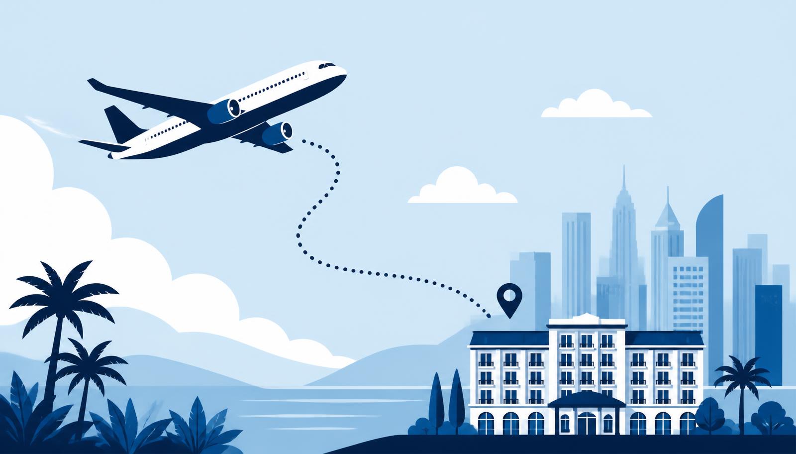Illustration of an aircraft and hotel linked by a dotted route
