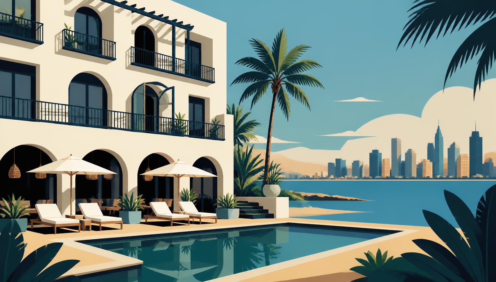 Illustration of a seaside hotel with a pool and city skyline