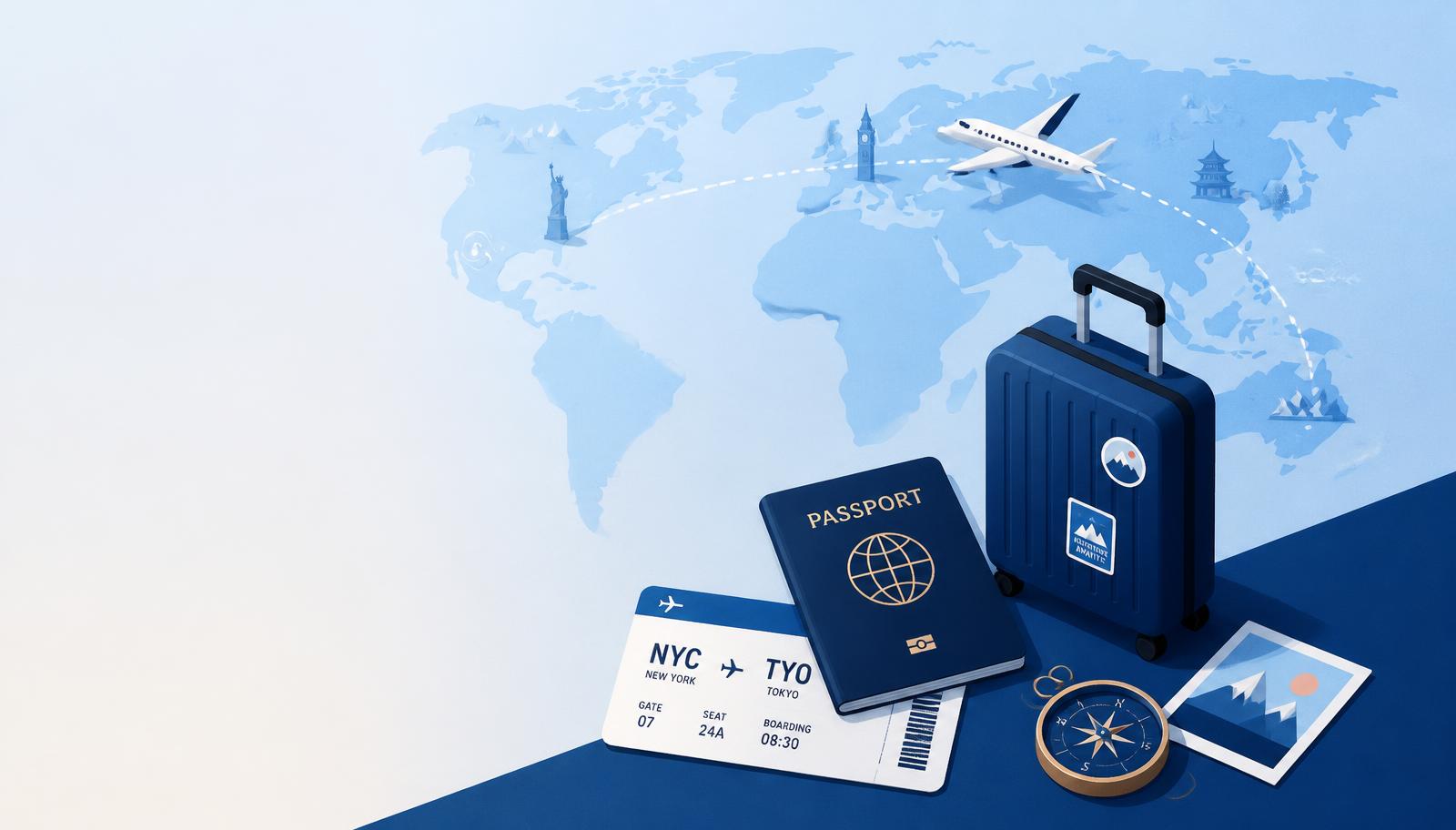 Illustration of a passport, boarding pass and suitcase over a world map
