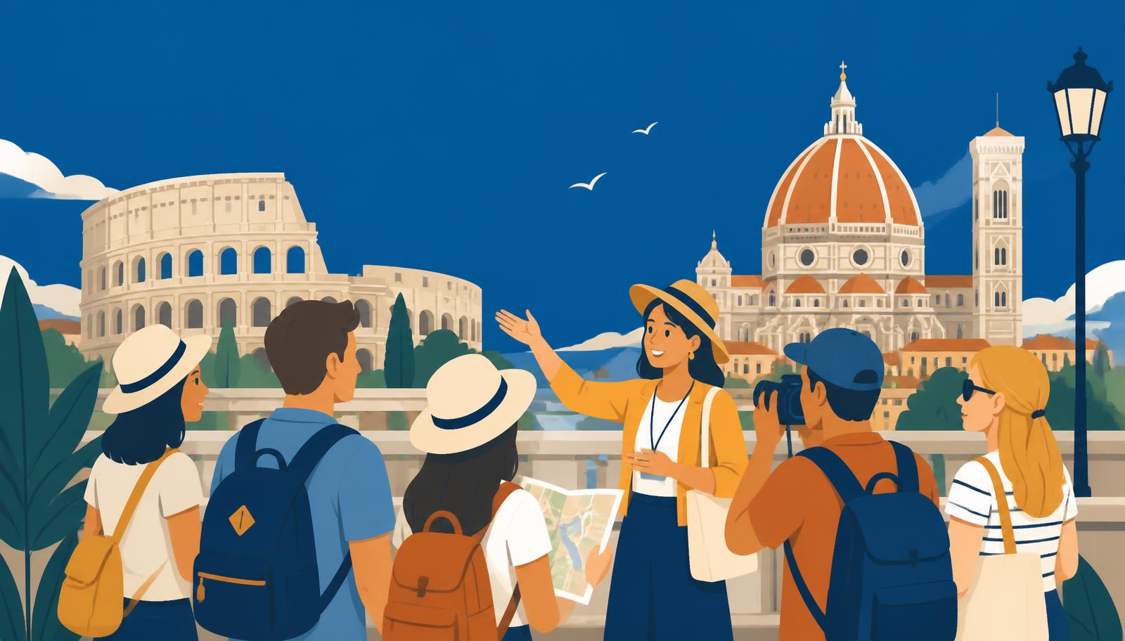 Illustration of a guided tour group beside famous landmarks