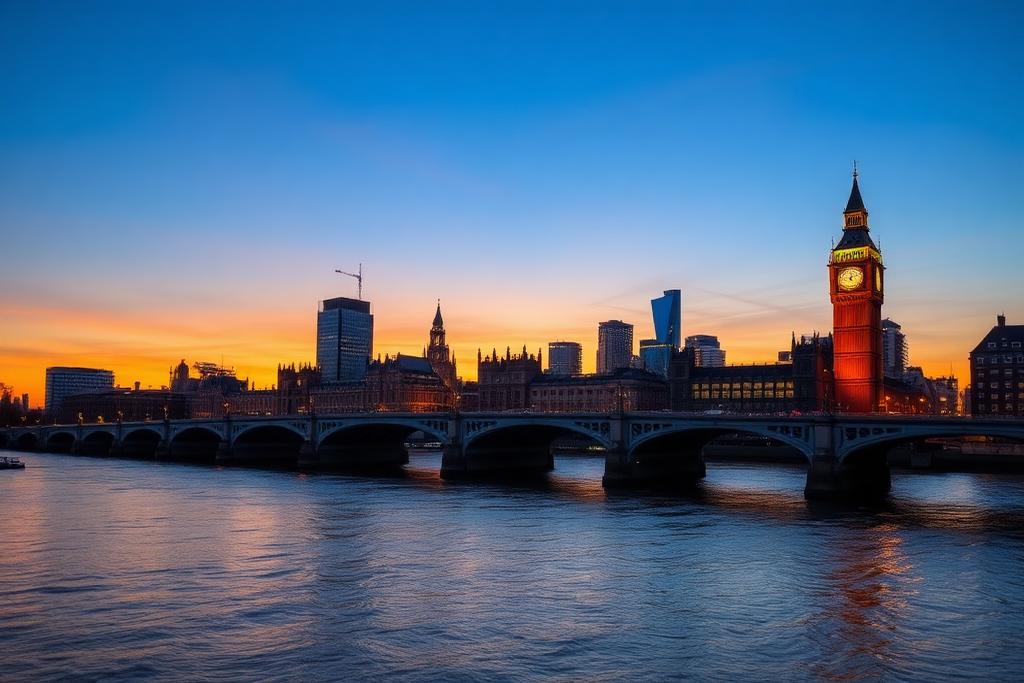 London riverside skyline at sunset